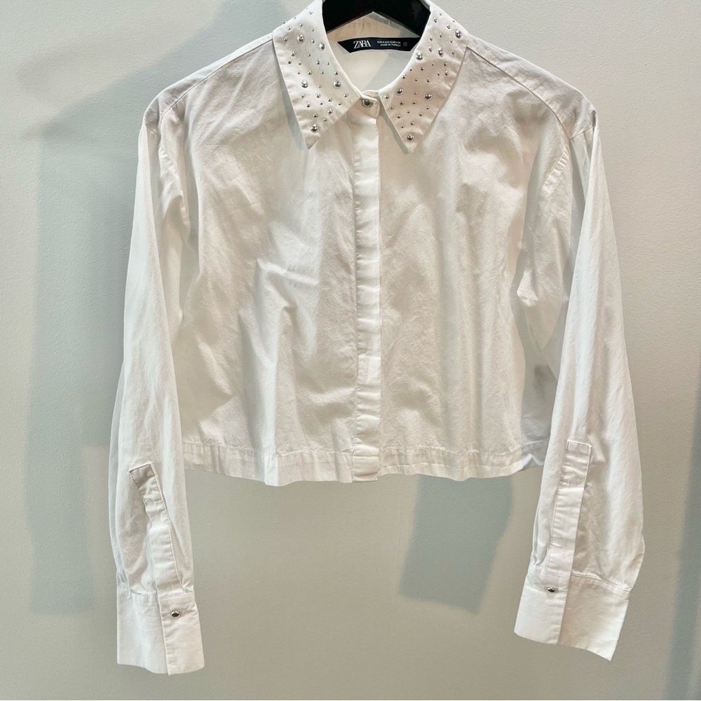 Zara White Studded Collar Cropped Longsleeve